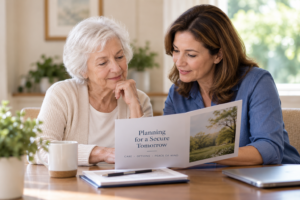 Older woman and caregiver discussing nursing home and long-term care planning