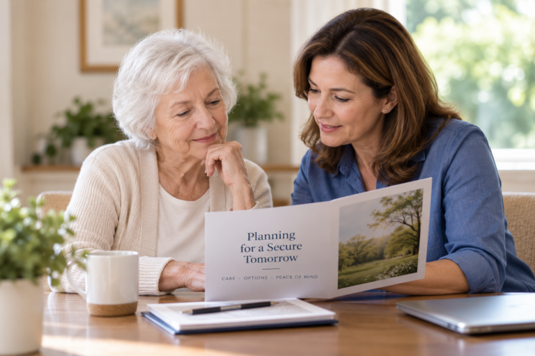 Older woman and caregiver discussing nursing home and long-term care planning